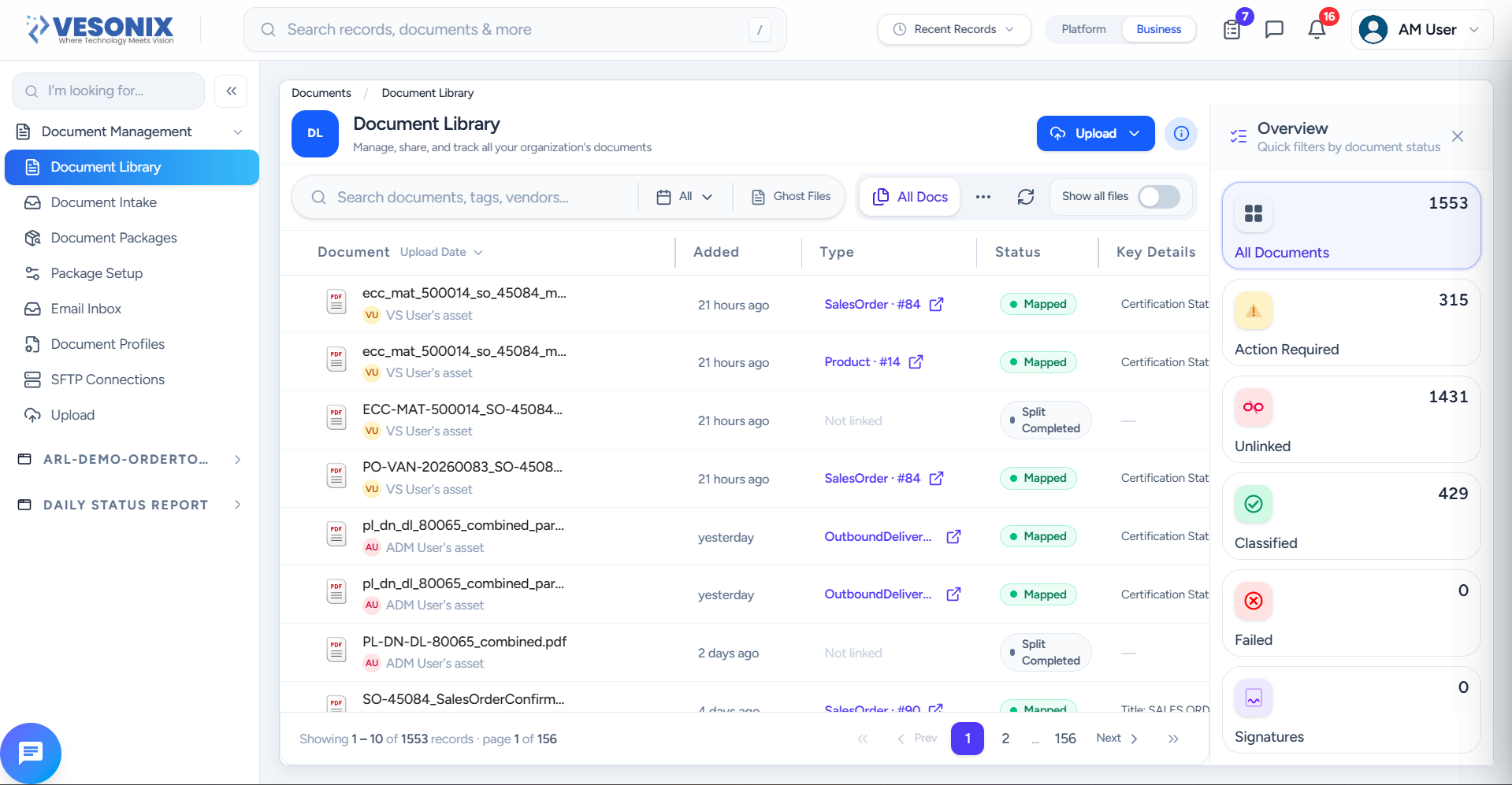 Vesonix IDMS document library, showing 1,553 documents automatically classified, mapped, and flagged for review